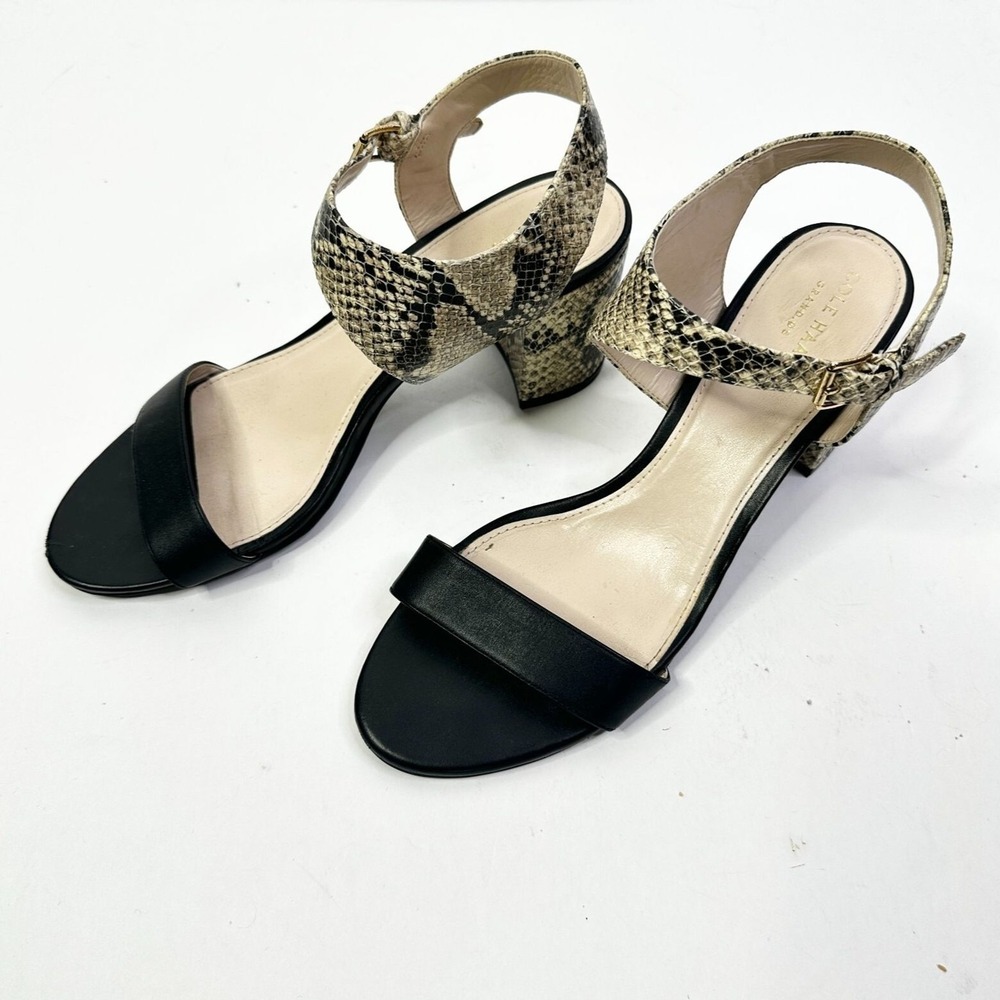 Cole Haan Sandal Women 8.5 Black GrandOS Block Heel Leather Animal Print NEW‎